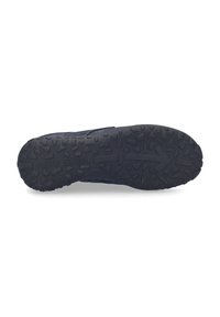 Semelle en caoutchouc noir avec surface texturée, présentant un motif robuste. Aucune marque visible sur la surface inférieure.