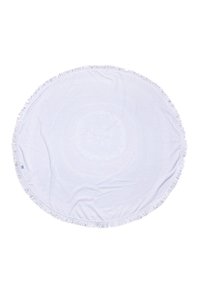 Round, white cotton blanket with fringed edges. Features a subtle circular pattern in a lighter shade. Soft texture and smooth surface.