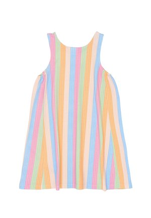 Ærmeløs kjole med vertikale pastelstriber i blå, pink, orange, grøn og creme, med rund halsudskæring og en flækket nederdel.