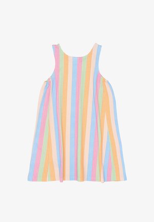 Sukienka bez rękawów z pionowymi pastelowymi paskami w kolorach niebieskim, różowym, pomarańczowym, zielonym i kremowym, z okrągłym dekoltem i rozkloszowaną spódnicą.