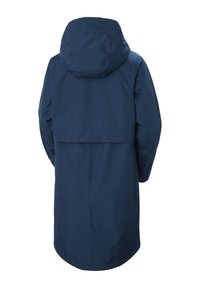 Marineblauwe waterdichte jas met een capuchon, met een middenlange snit en een klep over de bovenrug voor ventilatie en stijl.
