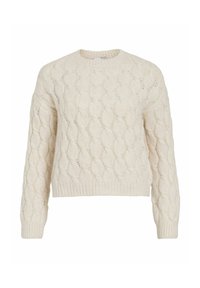 Pull crème à torsades avec un col rond et des manches longues. Il présente des motifs en relief texturés et un ourlet côtelé pour un ajustement près du corps.