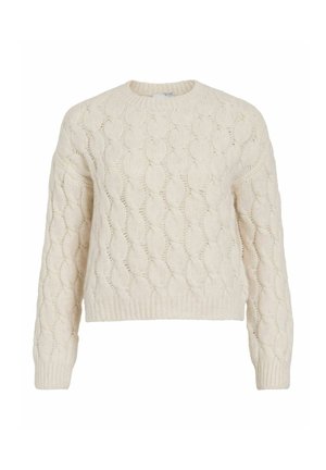 Pull crème à torsades avec un col rond et des manches longues. Il présente des motifs en relief texturés et un ourlet côtelé pour un ajustement près du corps.