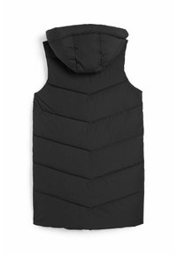 Czarna kamizelka puchowa z wzorem w romby, kapturem oraz gładką, matową fakturą bez widocznych zapięć czy akcentów.