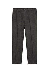 Pantaloni in misto lana grigi con design a righe, taglio dritto, tasche laterali e chiusura frontale con bottone. Tessuto strutturato, superficie liscia.