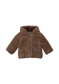Bruine, geribbelde stoffen jas met een capuchon, ritssluiting aan de voorkant en lange mouwen. Zachte textuur, warm ontwerp, geschikt voor koud weer.