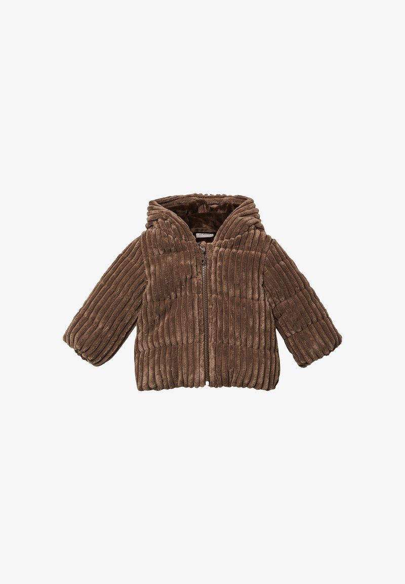 Giacca in tessuto marrone a coste con cappuccio, zip frontale e maniche lunghe. Texture morbida, design caldo, adatta per il freddo.
