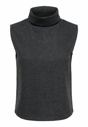 Pull sans manches gris foncé à col roulé avec une texture douce semblable à de la laine et un ourlet droit.