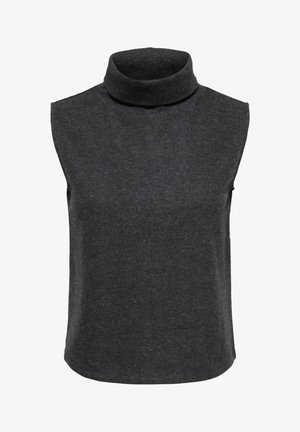 Pull sans manches gris foncé à col roulé avec une texture douce semblable à de la laine et un ourlet droit.