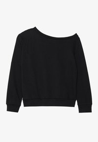 Sudadera negra sin hombros con mangas largas, corte relajado, cuello y dobladillo de canalé, hecha de una tela suave con una textura lisa.