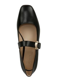 Ballerines en cuir noir avec un bout carré, dotées d'une fine sangle avec une boucle dorée et d'une finition lisse et texturée.