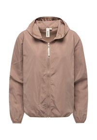 Lekka kurtka przeciwwiatrowa z kapturem w delikatnym różowym kolorze. Posiada przedni zamek, elastyczne mankiety oraz gładki, wodoodporny materiał.