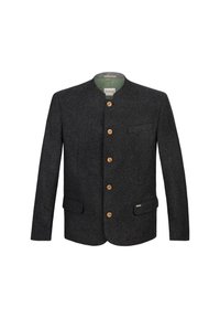 Grey wool jacket with a mandarin collar, wooden buttons, two front pockets, and a subtle green lining. Features a sleek, tailored design.