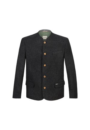 Grau wollene Jacke mit Stehkragen, Holzknöpfen, zwei Fronttaschen und einem dezenten grünen Futter. Verfügt über ein schlankes, tailliertes Design.