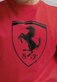 Czerwona bawełniana koszulka z krótkim rękawem, z czarną tarczą z grafiką konia w ruchu oraz napisem "S F" poniżej. Okrągły dekolt.