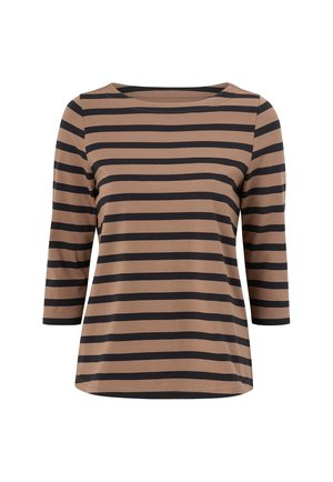Bruin gestreept langemouwen t-shirt met een ronde hals, voorzien van horizontale zwarte strepen en een relaxte pasvorm van zacht katoen.