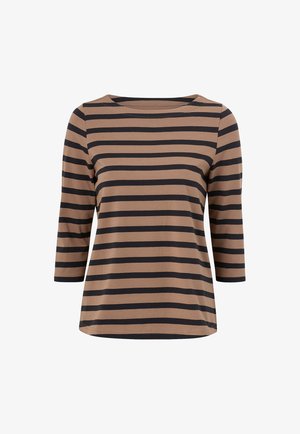 T-shirt à manches longues rayé marron avec un col rond, présentant des rayures horizontales noires et une coupe décontractée en doux coton.