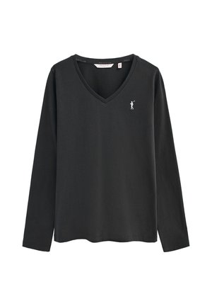 Schwarzes Langarm-V-Ausschnitt-Shirt mit kleinem weißem Golfer-Logo auf der linken Brust, schlichtes Design ohne sichtbare Knöpfe oder Muster.