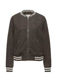 Graue Bomberjacke mit geripptem Kragen, Bündchen und Saum. Mit zwei seitlichen Reißverschlusstaschen und einem Reißverschluss vorne. Weicher Stoff.
