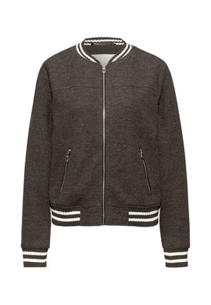 Gray bomber jacket with ribbed collar, cuffs, and hem. Features two zippered side pockets and a zip-front closure. Soft fabric texture.