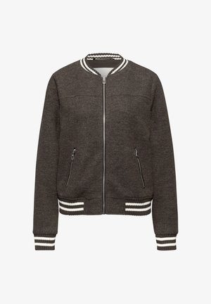 Graue Bomberjacke mit geripptem Kragen, Bündchen und Saum. Mit zwei seitlichen Reißverschlusstaschen und einem Reißverschluss vorne. Weicher Stoff.