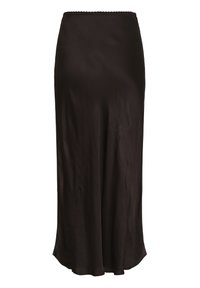 Black, knee-length skirt made of smooth, lightweight fabric with an elastic waistband and scalloped trim at the top edge.
