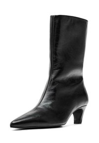 Black leather ankle boot with a pointed toe, slim heel, and smooth texture. Features a seamless design without visible fastenings.