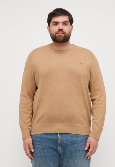Beiger Pullover mit Rundhalsausschnitt, langen Ärmeln und geripptem Saum. Verfügt über ein kleines Logo auf der Brust. Kombiniert mit blauen Jeans.