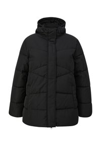 Chaqueta acolchada negra con capucha, que presenta secciones acolchonadas, cremallera frontal y puños elásticos. Fabricada con material aislante.