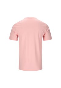 Vaaleanpunainen lyhythihainen T-paita, näkyy takaa valkoista taustaa vasten.