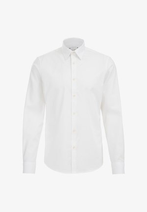 Hvid skjorte med lange ærmer med knaplukning foran og klassisk spids krave, vist mod en ensfarvet baggrund.