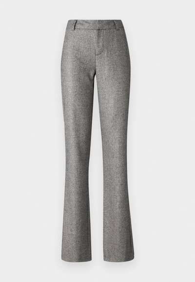 Grey flared trousers made of textured fabric with a subtle pattern. Features a front closure, belt loops, and a tailored fit.