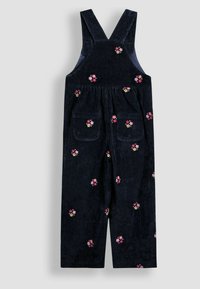 Dunkelblaue Kinder-Latzhosen aus Cord mit rosa-weißer Blumenstickerei und zwei Fronttaschen, vor einem grauen Hintergrund präsentiert.