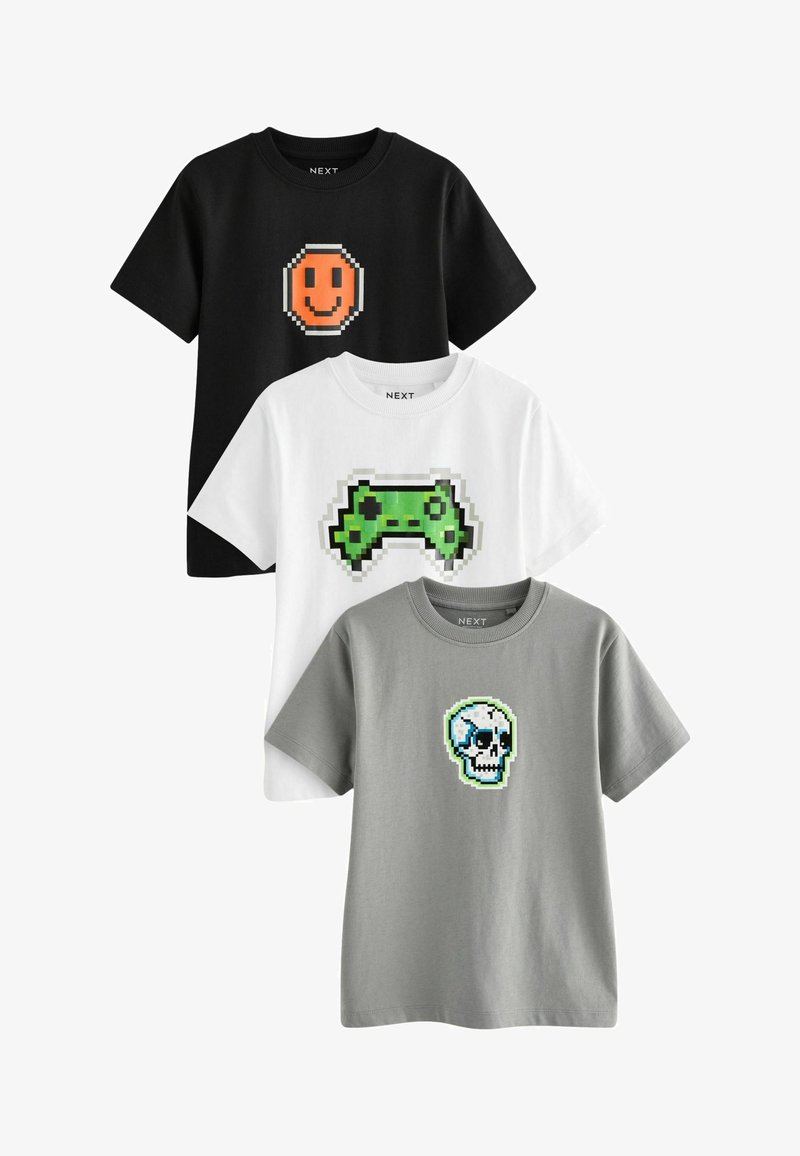 Next SHORT SLEEVE GRAPHIC 3 PACK STANDARD - Triko s potiskem - black white grey pixel