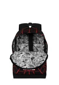 Sac à dos noir avec un motif de toile d'araignée rouge, doté d'un intérieur à imprimé comic. Compartiment principal zippé et bretelles rembourrées.