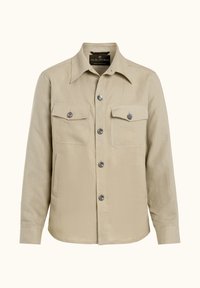 Beige langærmet skjorte i letvægtsstof, med to brystlommer, seks knapper, en spidse krave og en lige kant.