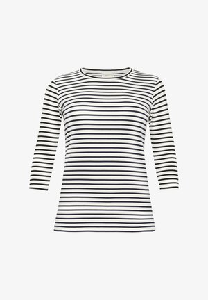 Top a rayas con mangas de tres cuartos. Presenta rayas horizontales en blanco y negro, cuello redondo y una tela suave y elástica.