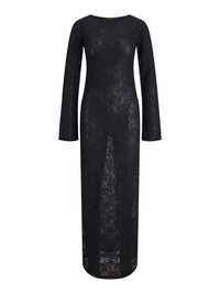 Vestido maxi preto em renda com mangas longas e silhueta reta. Apresenta um decote alto e padrão de renda floral, textura semi-transparente.