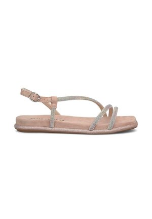 Sandalia plana con parte superior de ante rosa, múltiples correas adornadas con strass, hebilla ajustable en el tobillo y una plantilla lisa y acolchada.
