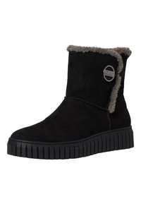 Black suede ankle boots with gray faux fur lining, round toe, and thick ribbed sole. Side emblem detail adds a modern touch.