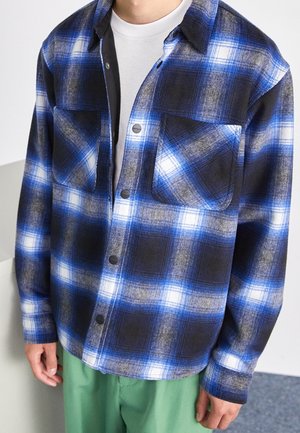 Homme portant une chemise à carreaux bleue, noire et blanche à boutons sur un T-shirt blanc, associée à un pantalon vert, debout à l'intérieur.