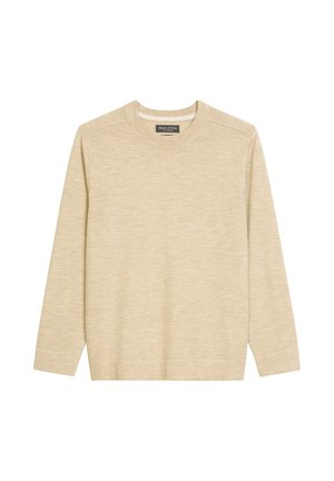 Beżowy sweter z długim rękawem i okrągłym dekoltem, z teksturowanym wzorem wzdłuż ramion oraz miękkim, lekkim materiałem.