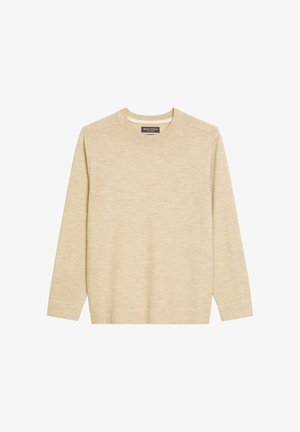 Beige lange mouw trui met een ronde hals, met een textuurdesign langs de schouders en een zachte, lichte stof.