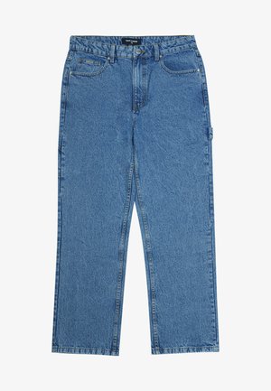 Blaue Jeans aus Denim mit geradem Schnitt, ausgestattet mit fünf Taschen, einer Knopfschließe und Gürtelschlaufen. Der Stoff hat eine strukturierte Oberfläche.