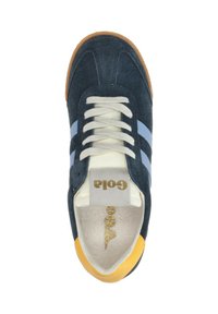 Navy blue suede sneaker with light blue stripes, cream laces, and a tan rubber sole. Features a gold logo on the tongue and yellow heel accent.