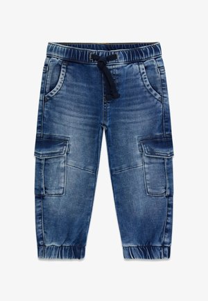 Pantaloni jogger in denim blu medio con vita con coulisse, polsini elastici e molteplici tasche laterali. Texture liscia e finitura sfumata.