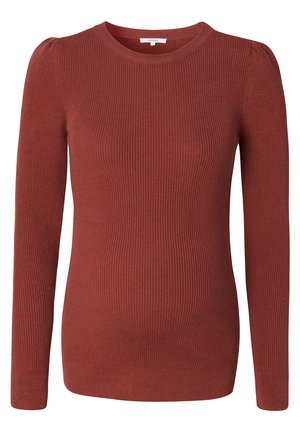 Sweter ciążowy w kolorze rdzy, z teksturą prążkowaną, długimi rękawami i okrągłym dekoltem, z gathered na szwach ramion.