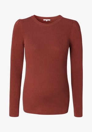 Pull de maternité en couleur rouille, avec une texture côtelée, des manches longues et un col rond, avec des fronces aux coutures des épaules.