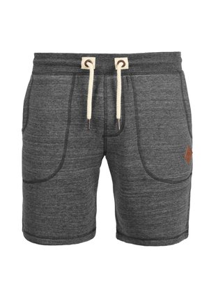 Szürke pamut keverék rövidnadrág, állítható derékzsinórral, két elülső zsebbel, kontrasztos varrással és egy kis barna bőr akcentussal.