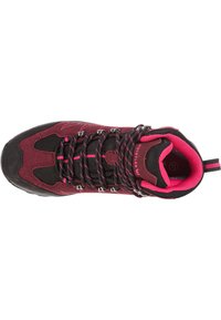 High-top hiking boot with burgundy suede and black mesh, featuring pink accents and striped laces. Rubber sole for traction.